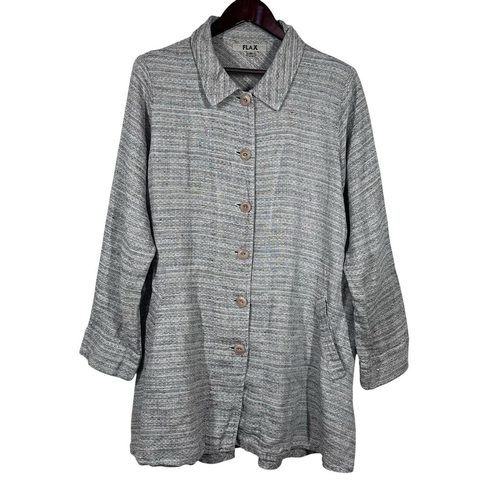 Flax 100% Linen Button Front Jacket Size M Grey Lagenlook Coastal Lightweight